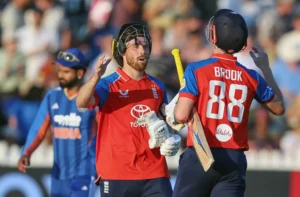 Harry Brook and Phil Salt celebrate England T20 Win against India during the third T20I in Bristol.
