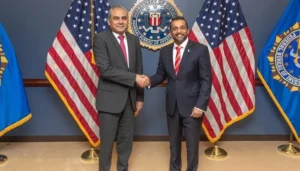 FBI Pakistan Cooperation meeting as FBI Director Kash Patel shakes hands with Interior Minister Mohsin Naqvi at FBI Headquarters in Washington.