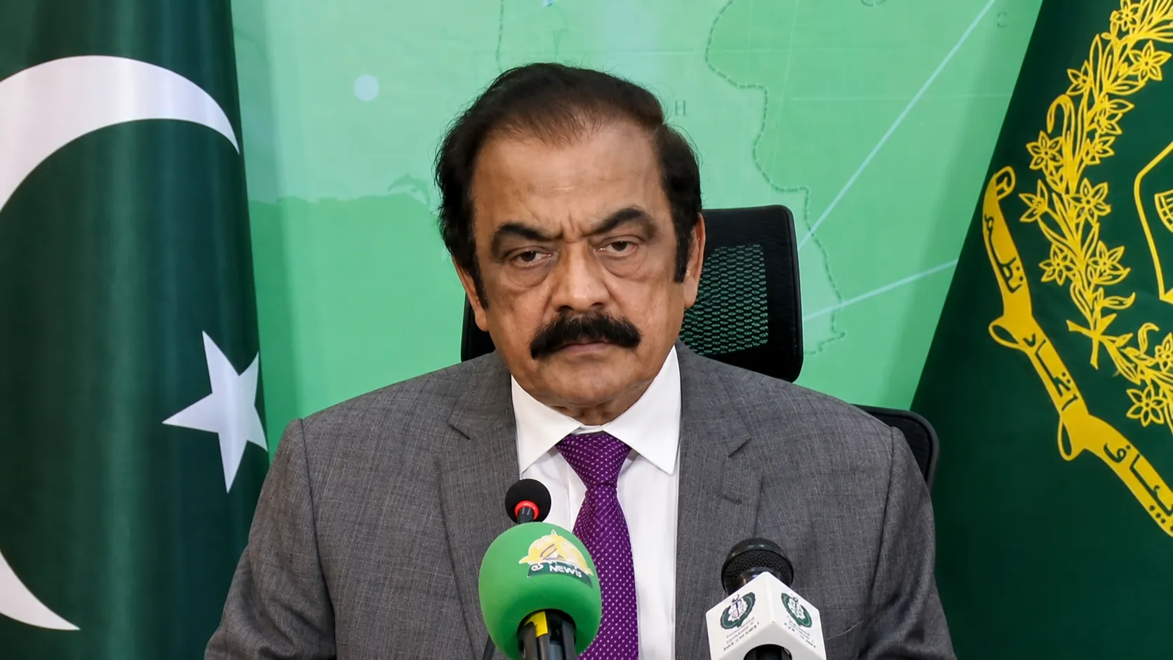 Rana Sanaullah addresses a press conference regarding the Foreign Women Case during an official briefing in Lahore.