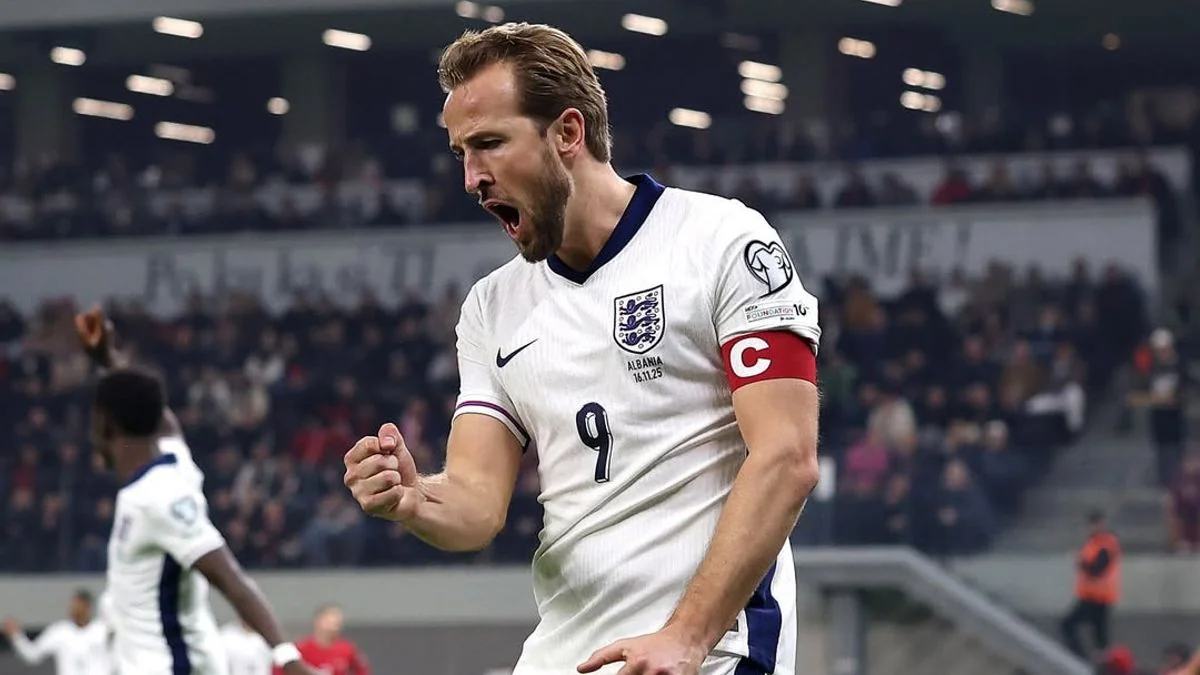 Harry Kane celebrates after scoring twice to send England into the FIFA World Cup 2026 last 16.