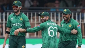 Babar Azam, Shaheen Shah Afridi and Salman Ali Agha celebrate during a Pakistan match after climbing in the ICC ODI Rankings.