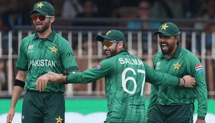 Babar Azam, Shaheen Shah Afridi and Salman Ali Agha celebrate during a Pakistan match after climbing in the ICC ODI Rankings.