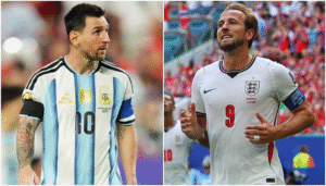 Lionel Messi of Argentina and Harry Kane of England shown side by side during international football matches.