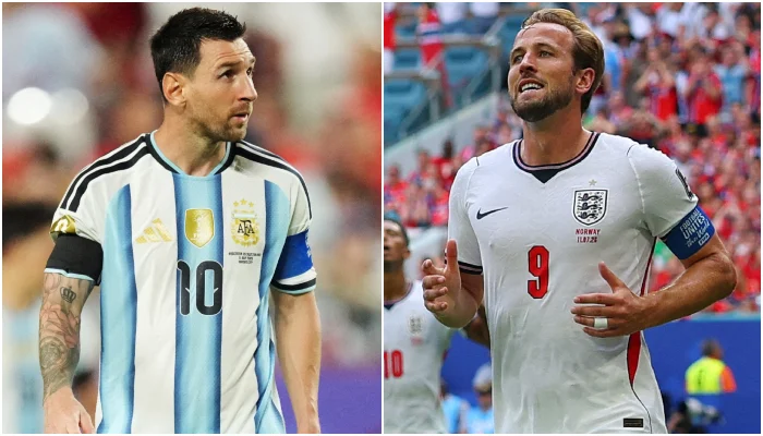 Lionel Messi of Argentina and Harry Kane of England shown side by side during international football matches.
