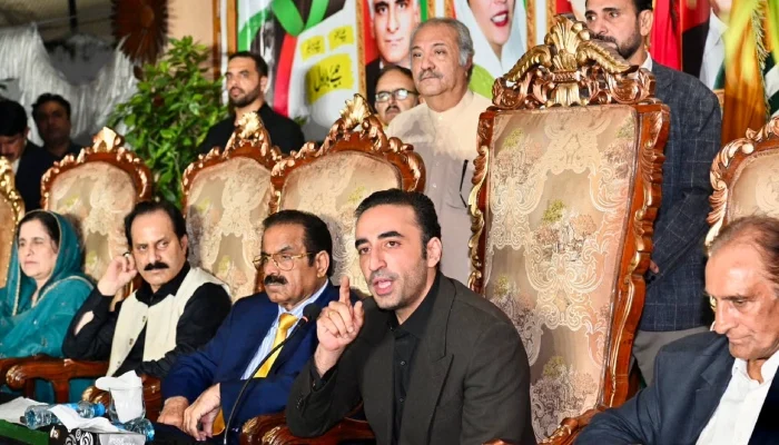 PPP Chairman Bilawal Bhutto Zardari addressing party leaders during a Pakistan Peoples Party meeting in Lahore.