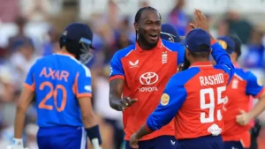 England's Jofra Archer celebrates a wicket during the India T20 Defeat against England at Trent Bridge.