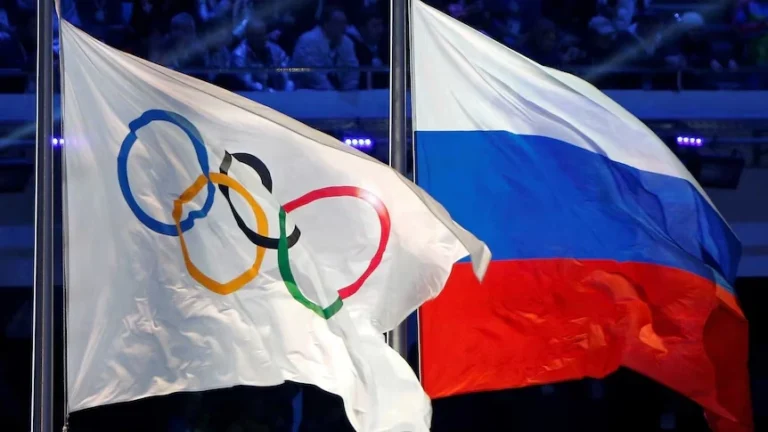 Olympic and Russian flags displayed after the IOC Russia suspension was lifted ahead of the Los Angeles 2028 Olympic Games.