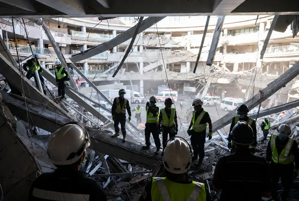 Rescue workers in safety gear searching rubble inside a collapsed shopping mall after the Japan earthquake in Kumamoto