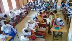 Students appear in the Karachi Matric Results 2026 SSC Part II Science Group examinations at a BSEK examination centre.