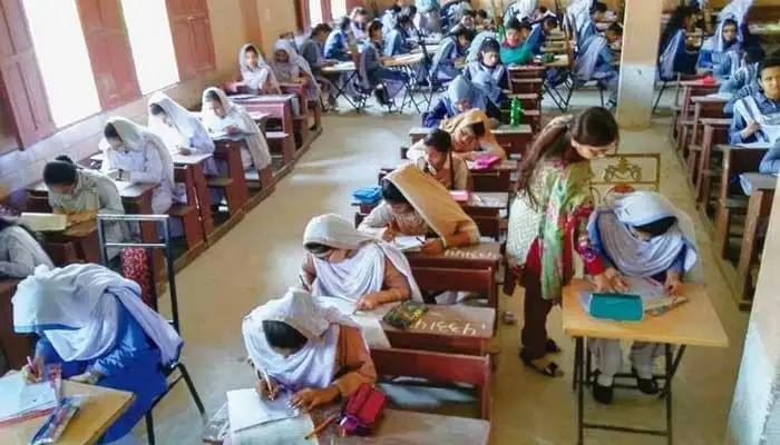 Students appear in the Karachi Matric Results 2026 SSC Part II Science Group examinations at a BSEK examination centre.