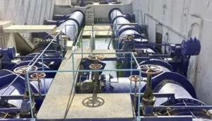 Pipelines and pumps at the Dhabeji pumping station after a power fault affecting Karachi Water supply.