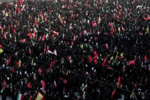 Thousands of mourners gather during the Khamenei Funeral ceremony in Tehran as people pay their final respects.