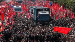 Thousands of mourners attend the Khamenei Funeral procession as the late Iranian leader is taken to Mashhad for burial.