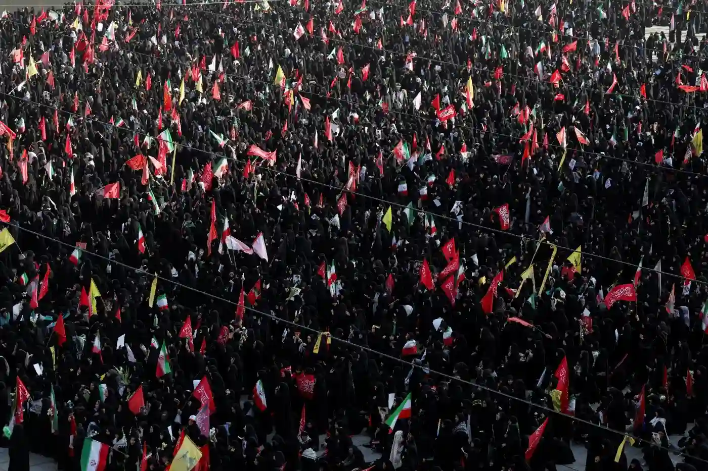 Thousands of mourners gather during the Khamenei Funeral ceremony in Tehran as people pay their final respects.