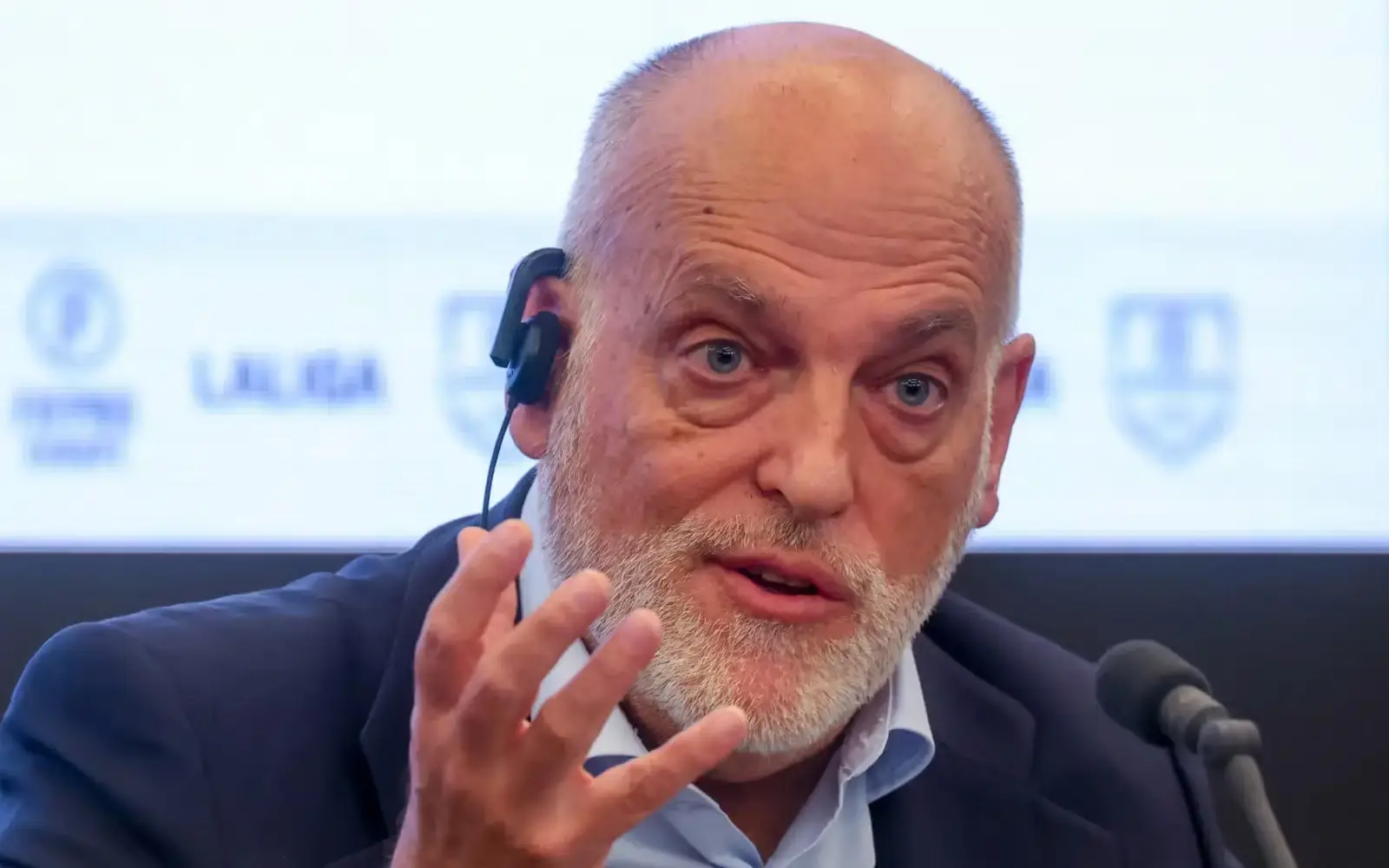 La Liga President Javier Tebas speaks during a media event while criticizing FIFA's proposed World Cup expansion.
