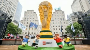 LEGO Trophy displayed at Rockefeller Plaza as the world's largest LEGO FIFA World Cup Trophy replica ahead of the 2026 FIFA World Cup.
