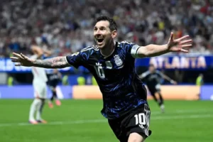 Lionel Messi celebrates after inspiring Argentina to a dramatic victory over England and reaching the 2026 FIFA World Cup Final.