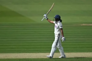 Smriti Mandhana raises her bat after a brilliant innings during the historic women's Test at Lord's, Mandhana Lord's