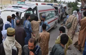 Ambulances and rescue workers at the scene following the Mashkel attack in Balochistan where five labourers were killed.