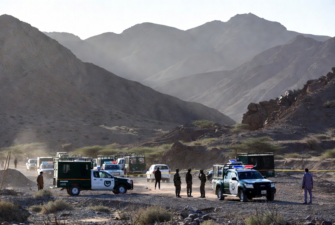 Security forces at the site of Mastung Judge Attack in Balochistan with police vehicles and cordoned area in arid mountainous landscape