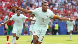 Kylian Mbappe celebrates after scoring for France during the 2-0 FIFA World Cup quarter final victory over Morocco.