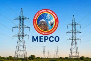 MEPCO Transmission logo displayed with high voltage transmission towers representing the newly energized Noorpur Pakpattan transmission lines.