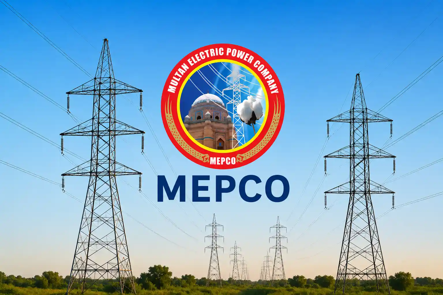 MEPCO Transmission logo displayed with high voltage transmission towers representing the newly energized Noorpur Pakpattan transmission lines.