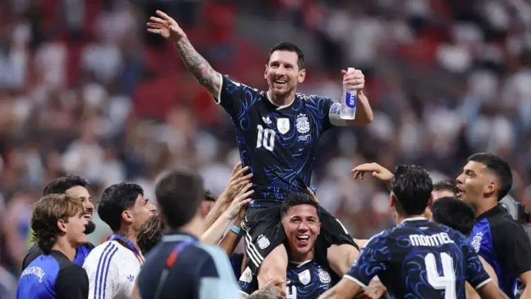 Lionel Messi celebrates with Argentina teammates after helping the team reach the 2026 FIFA World Cup final with a match winning Messi World Cup performance.