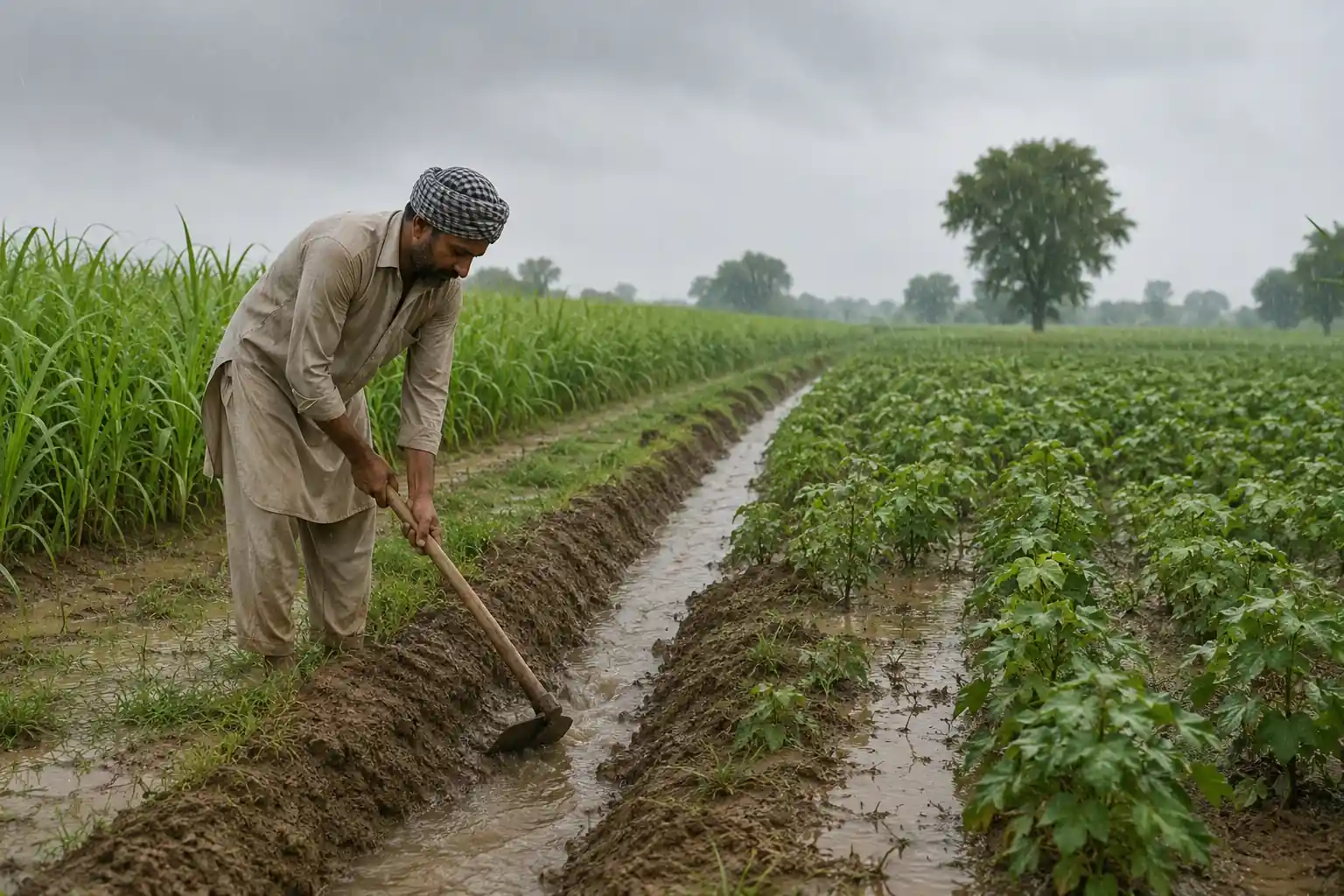 Punjab farmer draining excess rainwater from cotton fields during monsoon for Monsoon Crop Protection