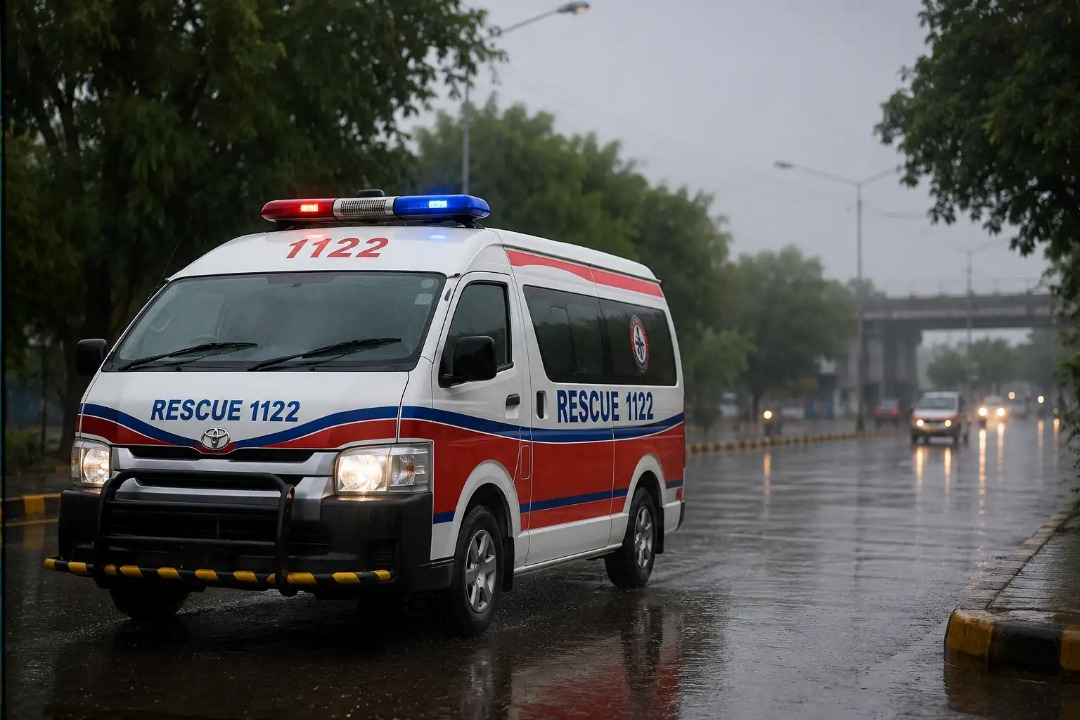 Monsoon Safety Rescue 1122 emergency ambulance on a rain soaked road during the monsoon season.
