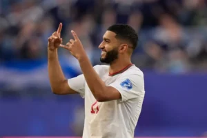 Morocco Saibari celebrates during the FIFA World Cup before being ruled out of the France quarter final with a hamstring injury.