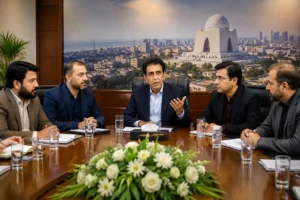MQM Budget Strategy meeting discussing urban Sindh development, Article 140-A reforms, and Karachi projects