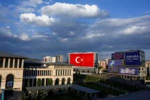 NATO Arms Deals banners displayed in Ankara as alliance leaders gather for the summit ahead of major defence announcements.