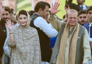 Nawaz Sharif and Maryam Nawaz addressing supporters during the Nawaz Mirpur election rally in Azad Jammu and Kashmir.