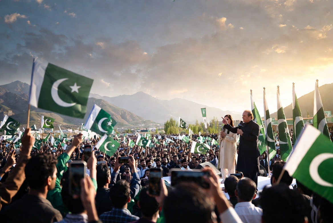 Nawaz Sharif addressing PML-N workers rally in Muzaffarabad Azad Jammu and Kashmir with Maryam Nawaz during election campaign