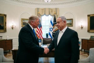 US President Donald Trump and Israeli Prime Minister Benjamin Netanyahu shaking hands during Netanyahu Trump talks at the White House