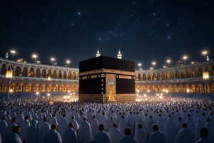 Night view of the Holy Kaaba surrounded by pilgrims in white ihram under starry sky illustrating the New Hajj Policy