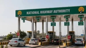 Vehicles passing through an NHA Toll plaza after the Islamabad High Court suspended the additional toll charges for non M Tag users.