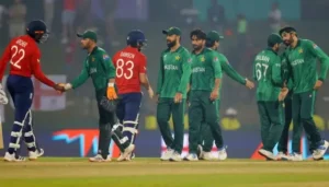 Pakistan and England players shake hands after a match ahead of the upcoming Pakistan England ODI series before the 2027 Cricket World Cup.