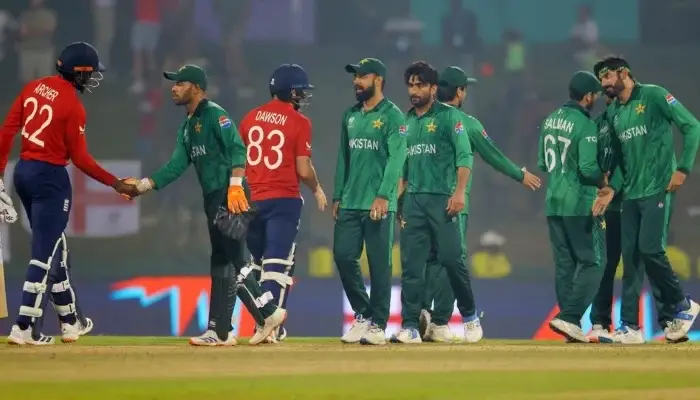 Pakistan and England players shake hands after a match ahead of the upcoming Pakistan England ODI series before the 2027 Cricket World Cup.