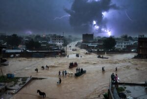 Floodwaters inundating areas in Peshawar Khyber Pakhtunkhwa during heavy monsoon rains as Pakistan flood alert issued by NDMA