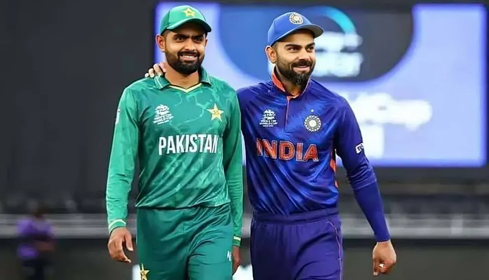 Pakistan captain Babar Azam and India's Virat Kohli together before an ICC event highlighting the Pakistan India Clash.