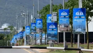 Islamabad road banners promoting Pakistan Iran Talks ahead of diplomatic discussions backed by China.