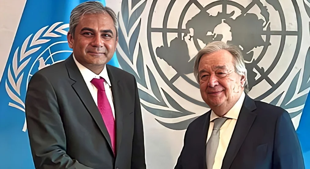Pakistan Peace meeting as UN Secretary General Antonio Guterres meets Interior Minister Mohsin Naqvi at the United Nations headquarters in New York.