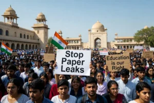 Indian students protesting in Delhi with placards saying Stop Paper Leaks and Education is our Right during demonstrations against the Pakistani agent label