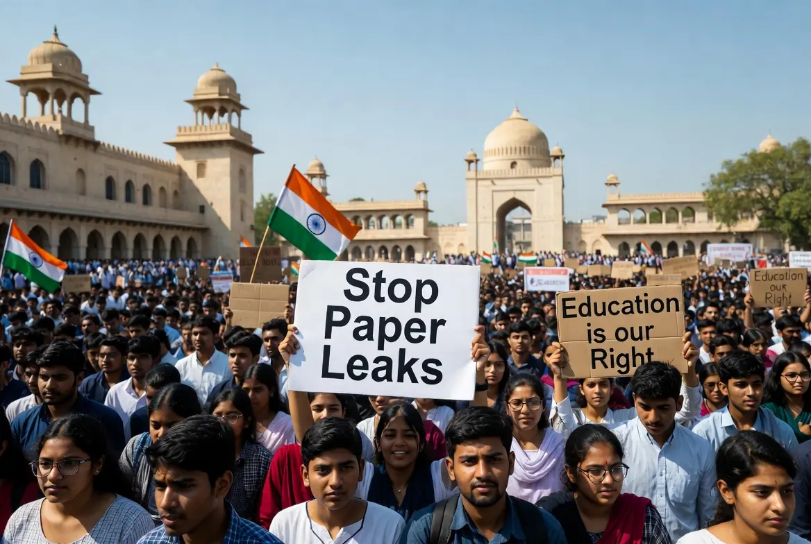 Indian students protesting in Delhi with placards saying Stop Paper Leaks and Education is our Right during demonstrations against the Pakistani agent label