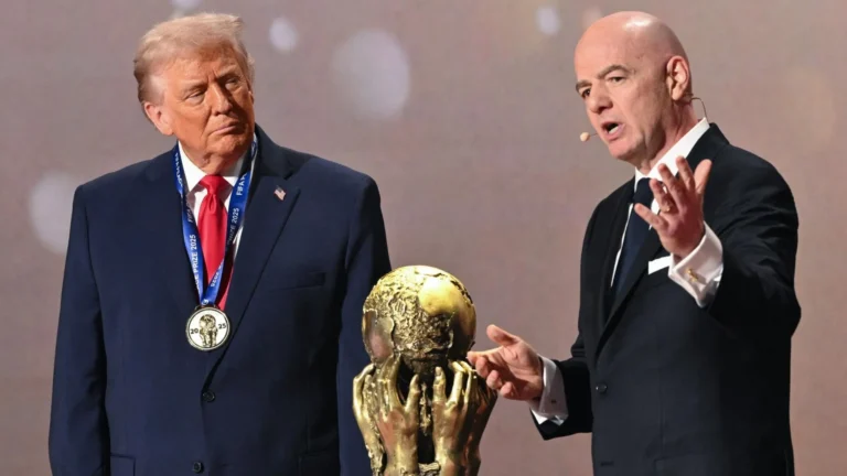 Donald Trump and FIFA President Gianni Infantino during a FIFA event, highlighting the Politics FIFA debate over political influence in World Cup decisions.