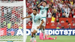 Portugal players celebrate a goal during the Portugal Spain Clash build-up in the FIFA World Cup 2026 knockout stage