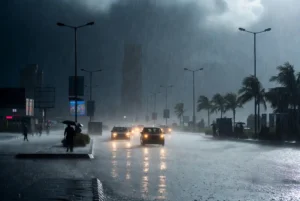 Heavy monsoon rainfall on Karachi streets with cars and people under umbrellas during Sindh Rain Forecast showing wet roads and dark cloudy skies