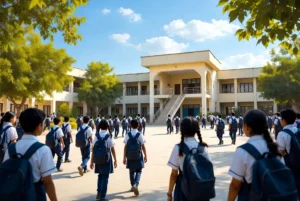 School students in uniform walking towards building on sunny day showing Sindh Schools six-day week schedule